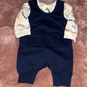 0-3 MONTHS , Navy Blue Baby Overalls with Printed Long Sleeve Shirt